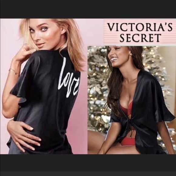 Victoria’s Secret Satin Tie Front LOVE Graphic Print Robe in Black One‎ Size - Picture 9 of 9